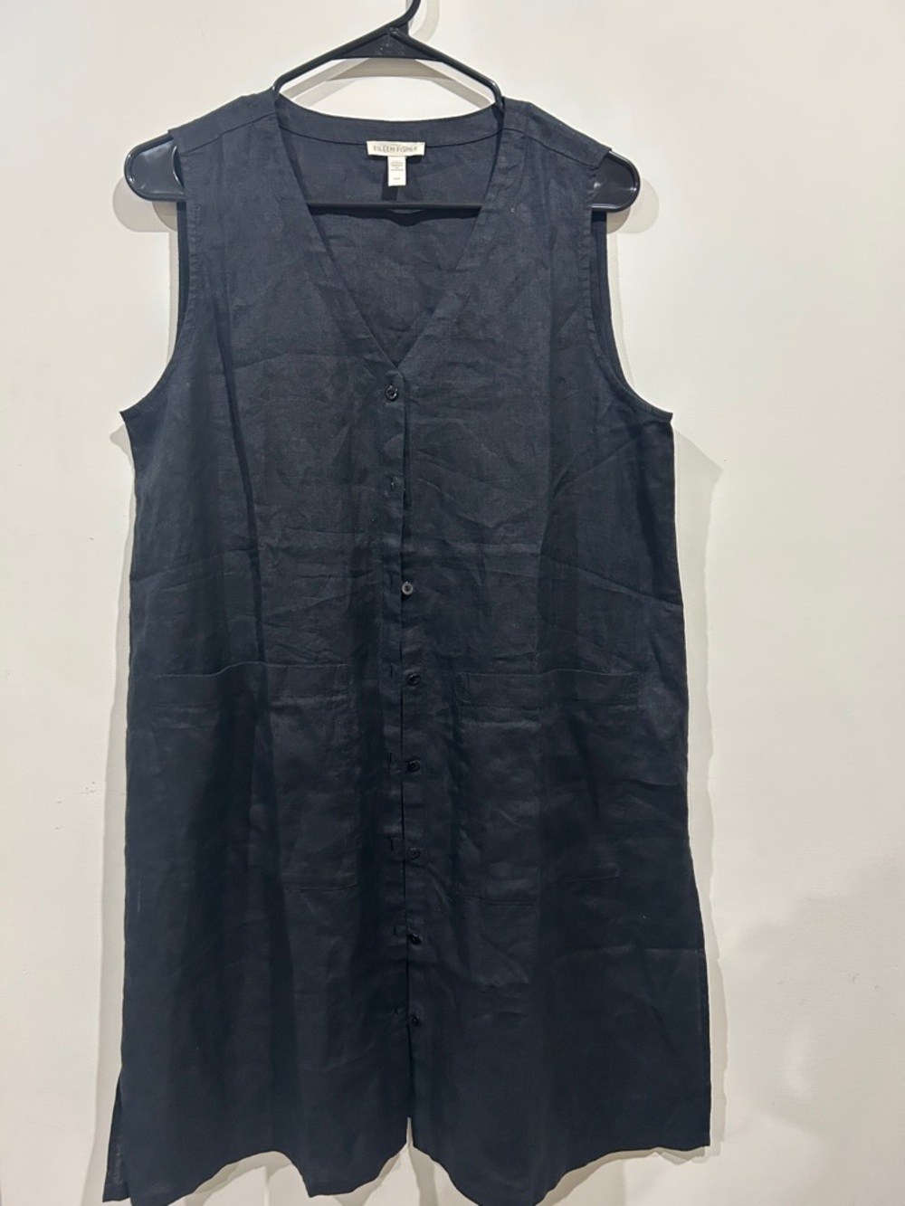 Eileen Fisher Black Sleevelessy Button-Front Linen Tunic v-neck long top